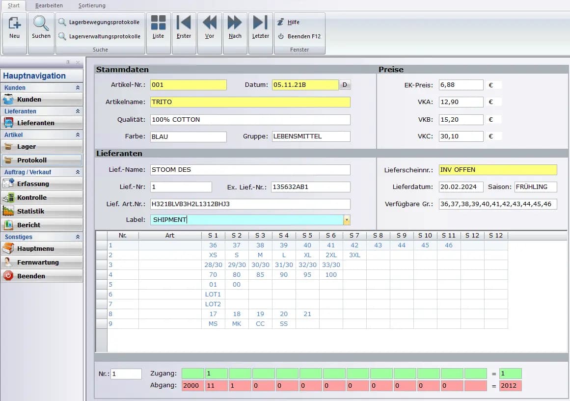 Modeprofi Artikelprotokoll mit Daten