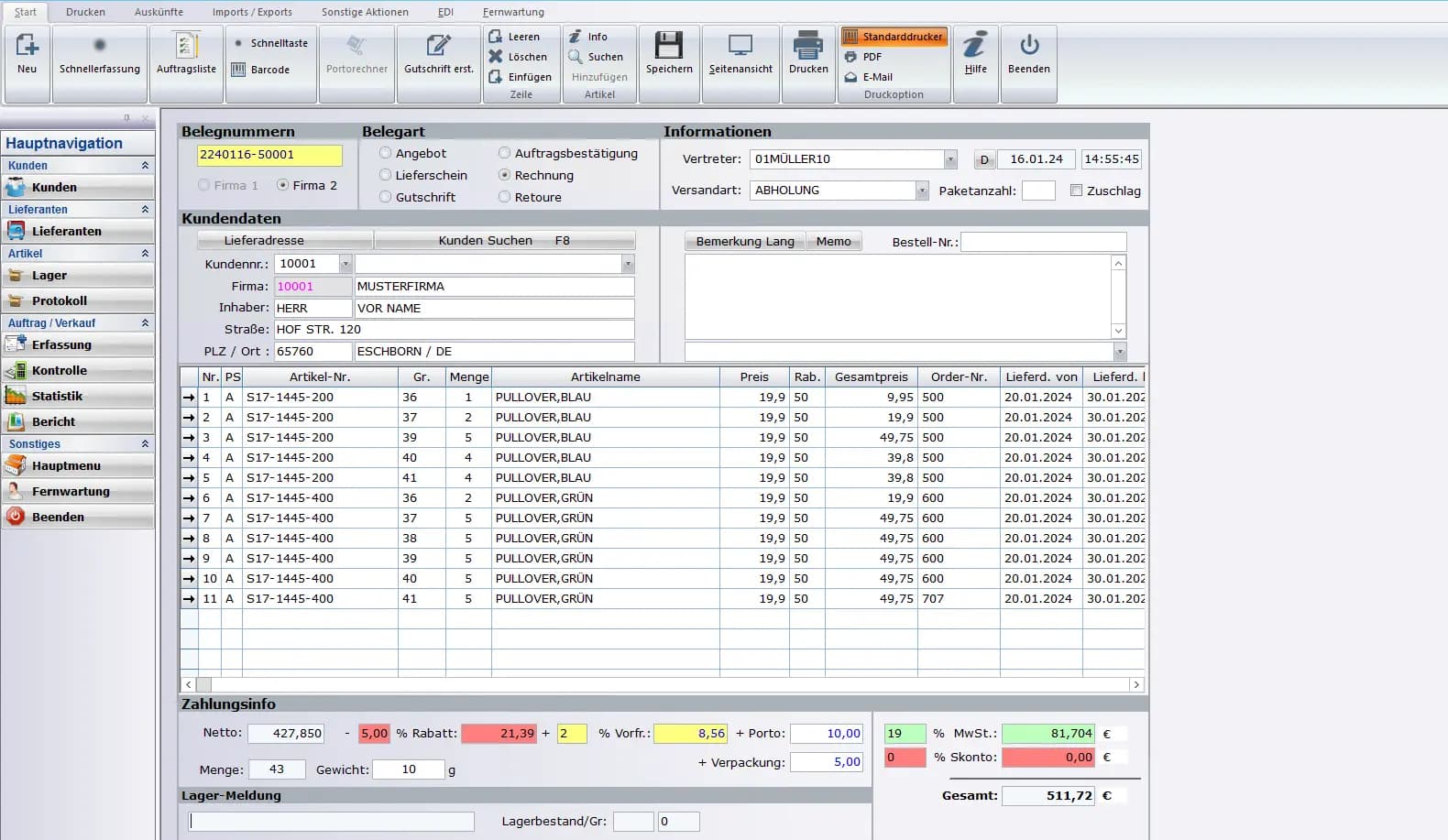 Modeprofi Erfassung mit Daten